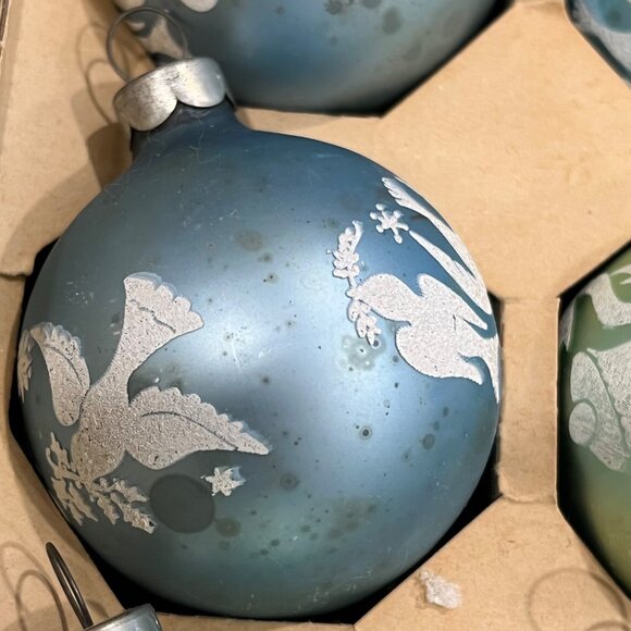 Vintage Green & Blue Christmas Glass Ornaments 9 With Dove & Bell Designs - Picture 3 of 5